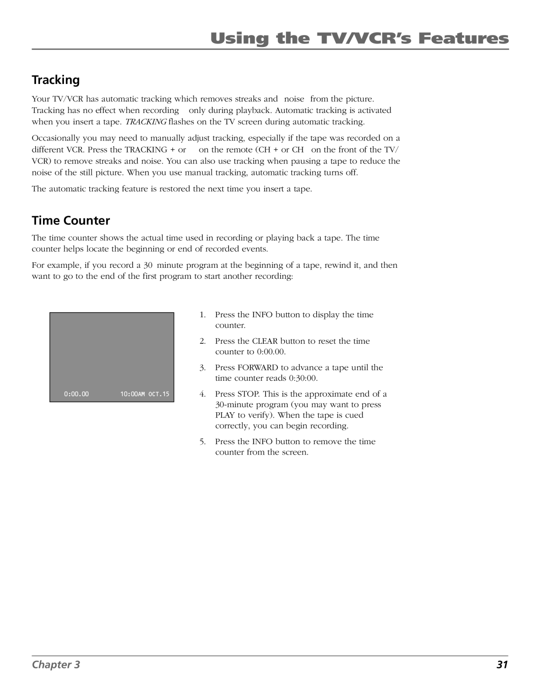 RCA TV/VCR manual Tracking, Time Counter 