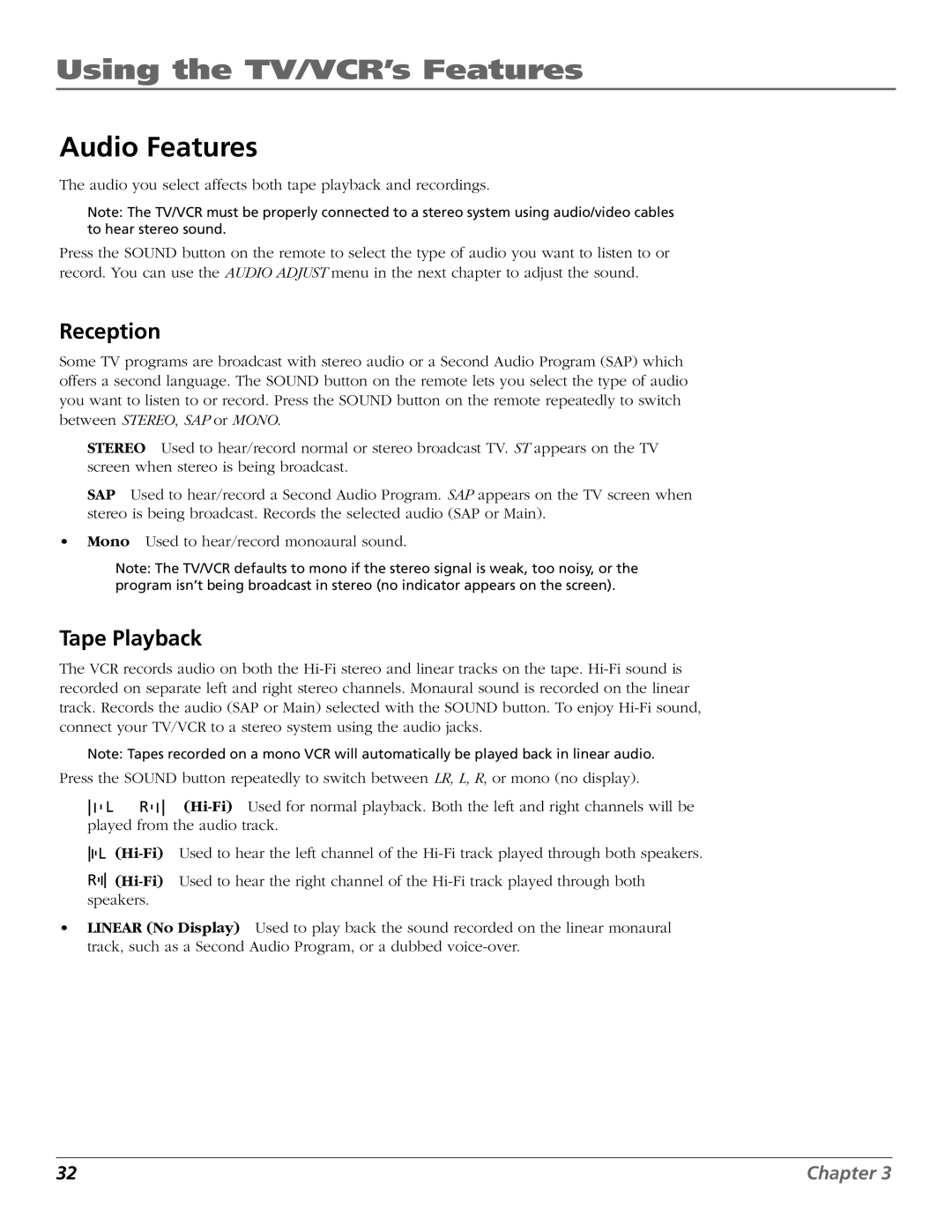 RCA TV/VCR manual Audio Features, Reception, Tape Playback 