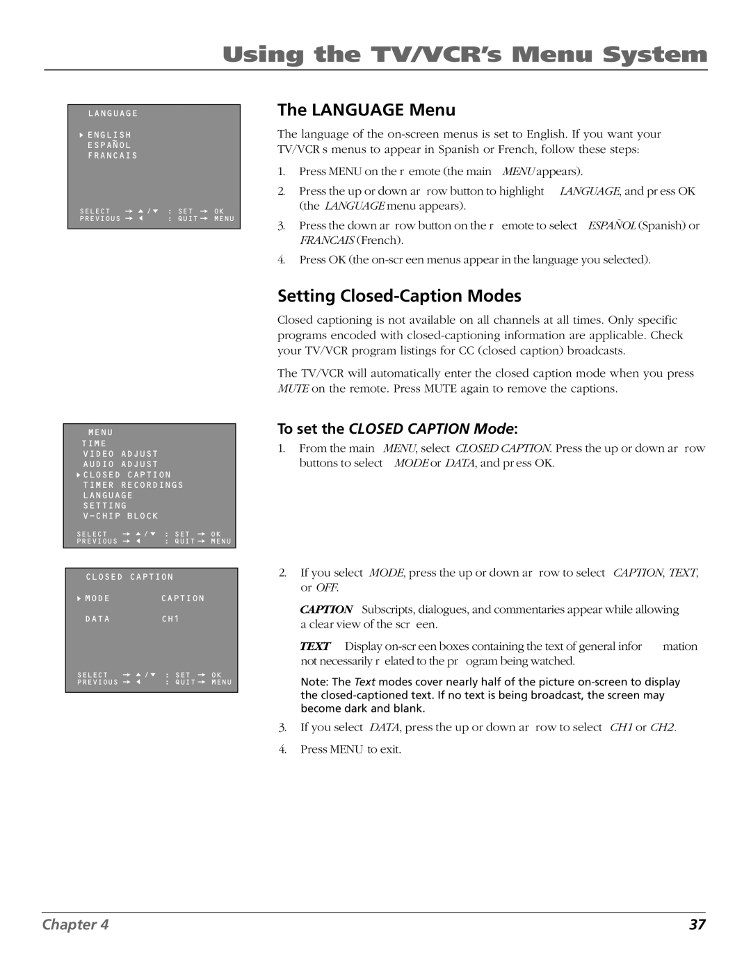 RCA TV/VCR manual Setting Closed-Caption Modes, To set the Closed Caption Mode 