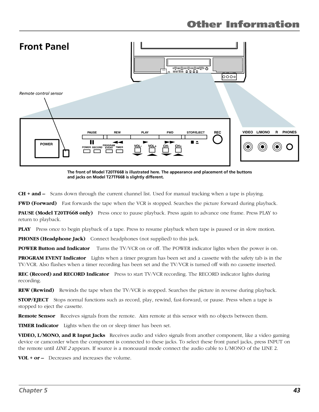 RCA TV/VCR manual Front Panel, Remote control sensor 