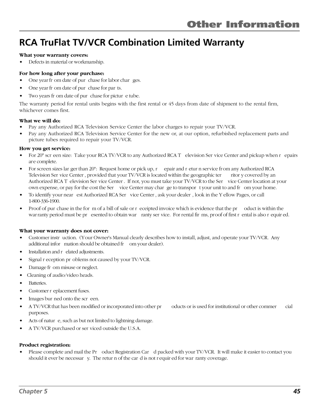 RCA manual RCA TruFlat TV/VCR Combination Limited Warranty 