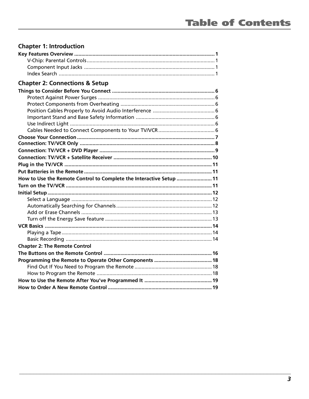 RCA TV/VCR manual Table of Contents 