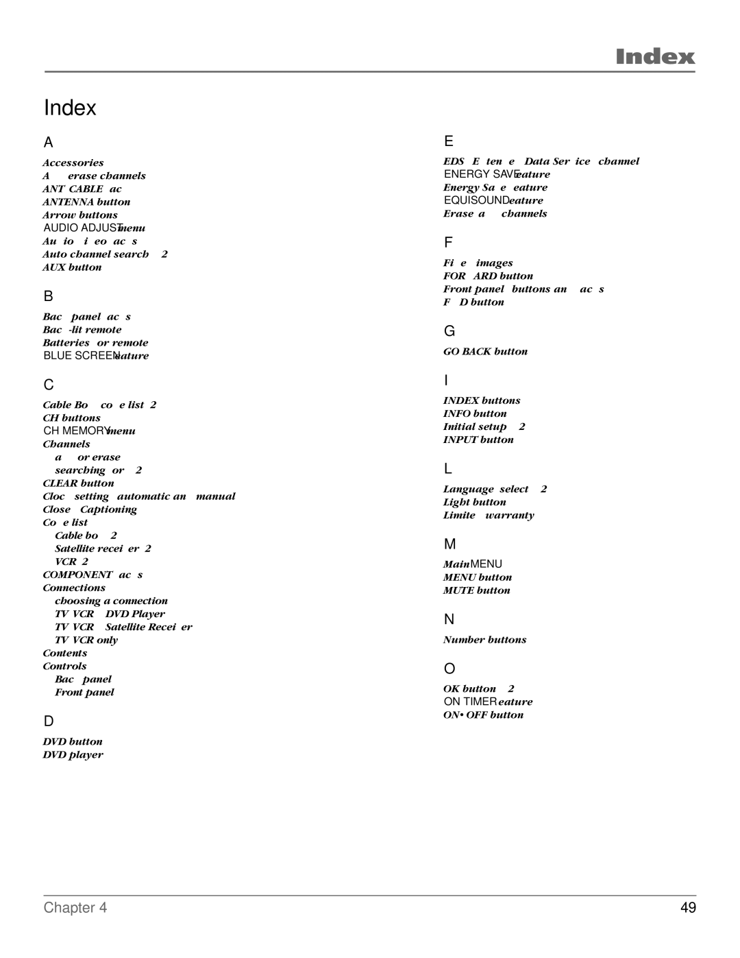 RCA TV/VCR manual Index 