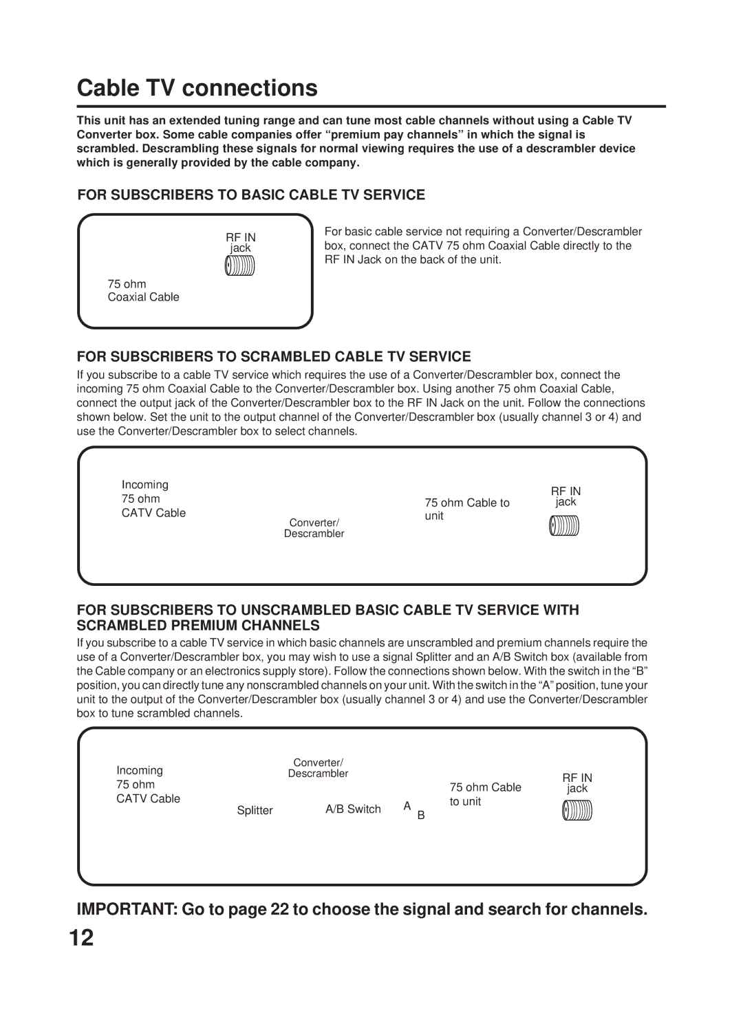 RCA TV/VCR/DVD manual Cable TV connections, Jack Ohm Coaxial Cable, Catv Cable, Unit 