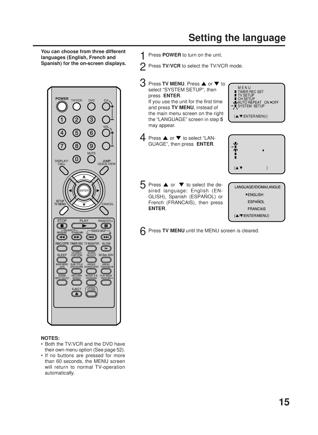 RCA TV/VCR/DVD manual Setting the language, Enter 