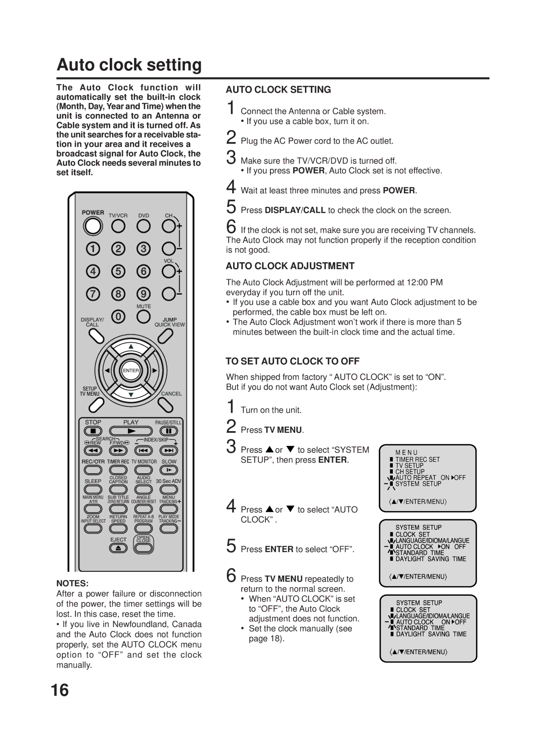 RCA TV/VCR/DVD Auto clock setting, Set the clock manually see 