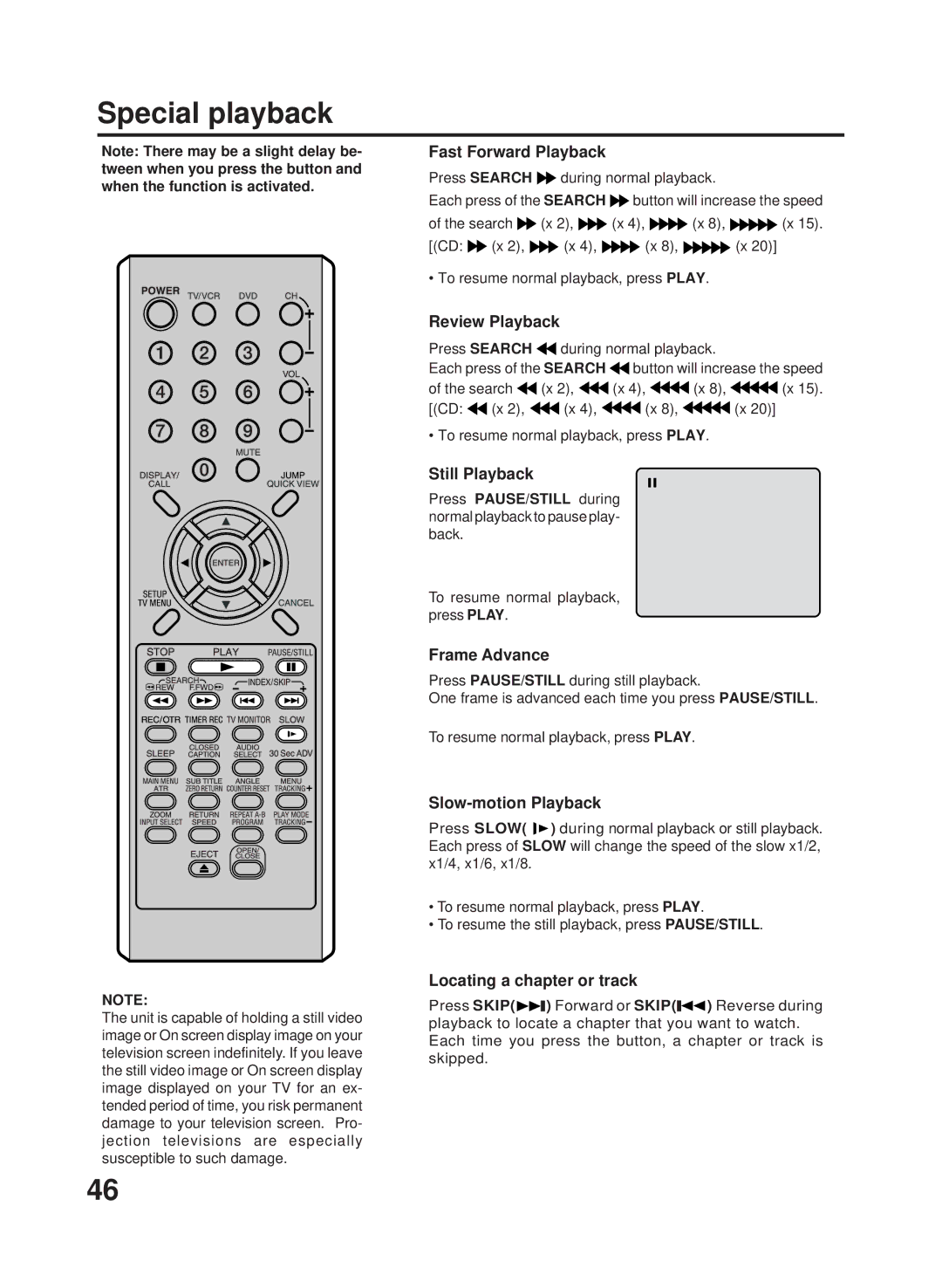 RCA TV/VCR/DVD manual Fast Forward Playback, Review Playback, Still Playback, Frame Advance, Slow-motion Playback 