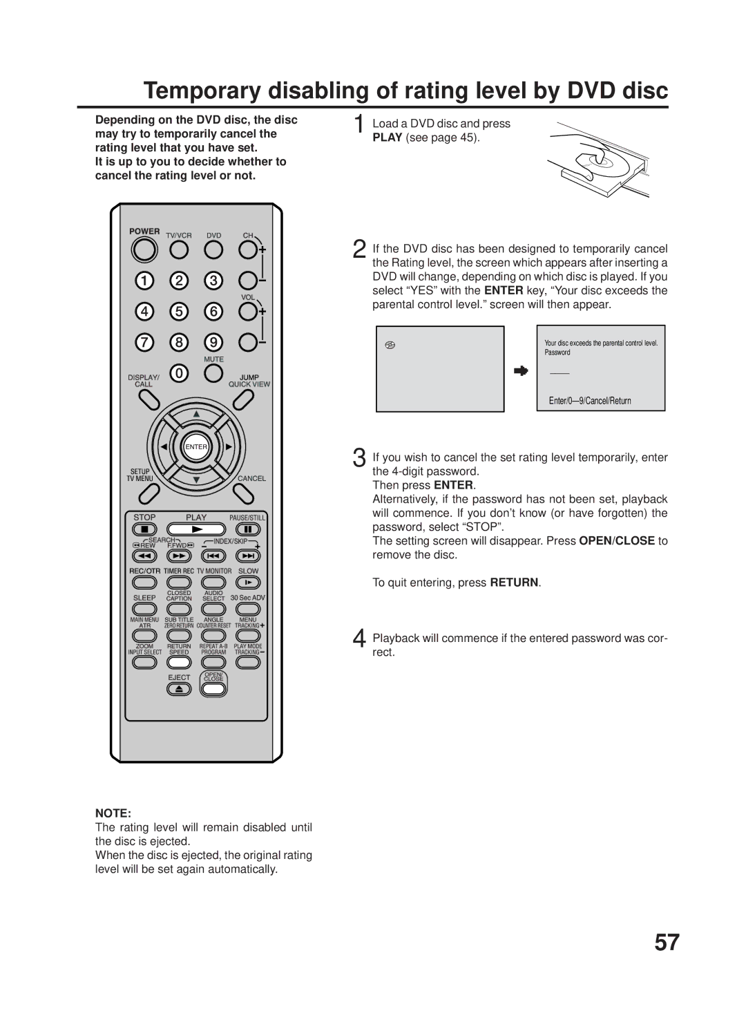 RCA TV/VCR/DVD manual Temporary disabling of rating level by DVD disc 