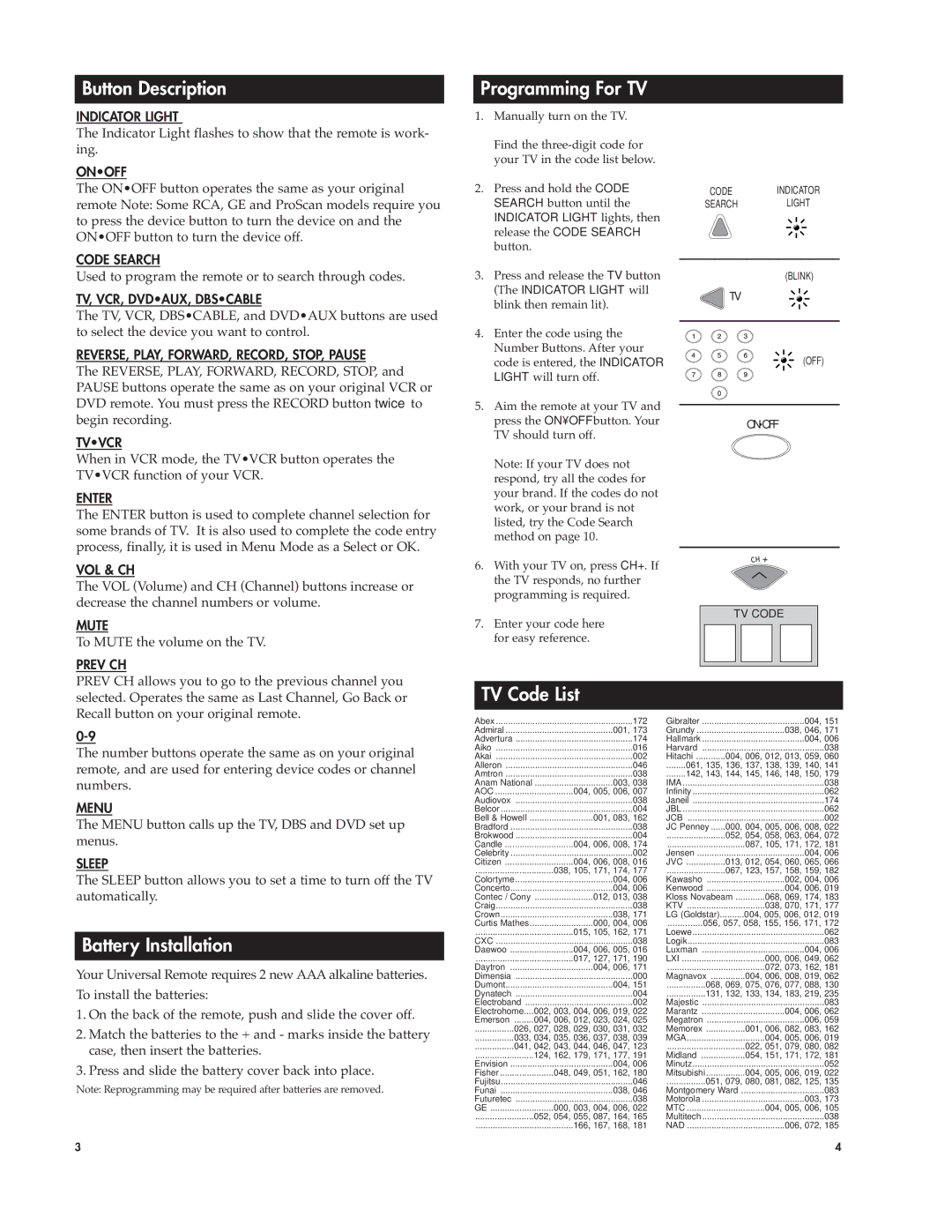 RCA Universal Remote warranty Button Description, Programming For TV, TV Code List, Battery Installation 