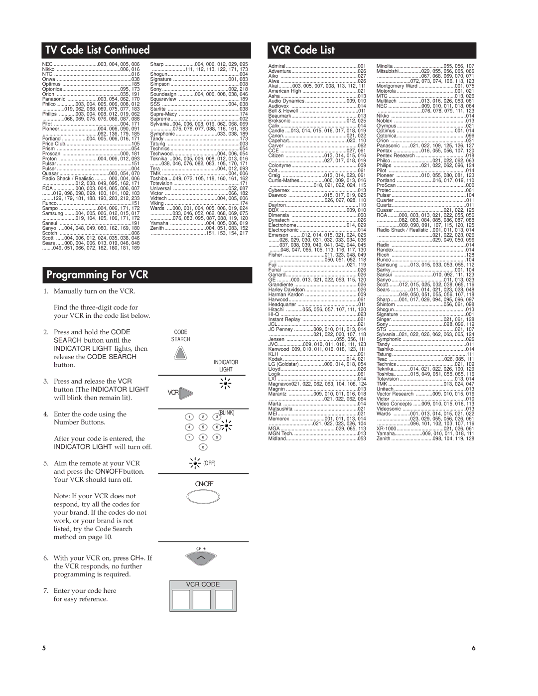 RCA Universal Remote warranty TV Code List VCR Code List, Programming For VCR, Indicator Light will turn off, Nec 