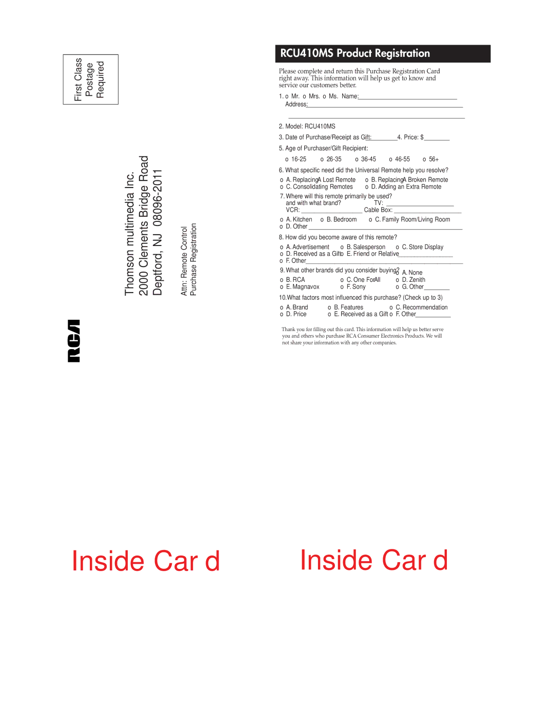 RCA Universal Remote warranty RCU410MS Product Registration, Model RCU410MS 