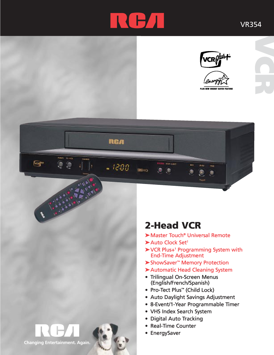 RCA VCR VR354 manual Head VCR, Master Touch Universal Remote Auto Clock Set2 