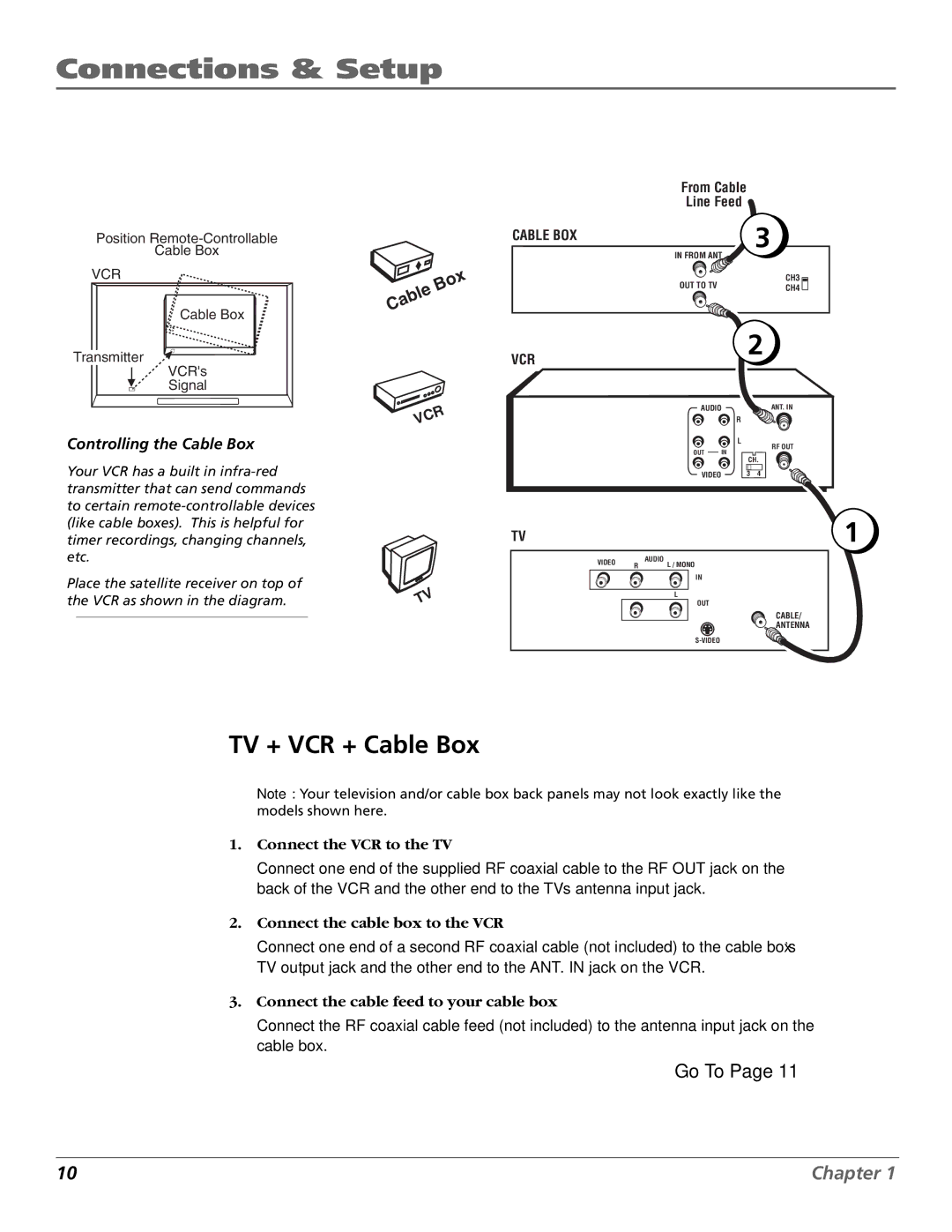 RCA VCR VR708HF manual TV + VCR + Cable Box, Controlling the Cable Box, Connect the cable box to the VCR 