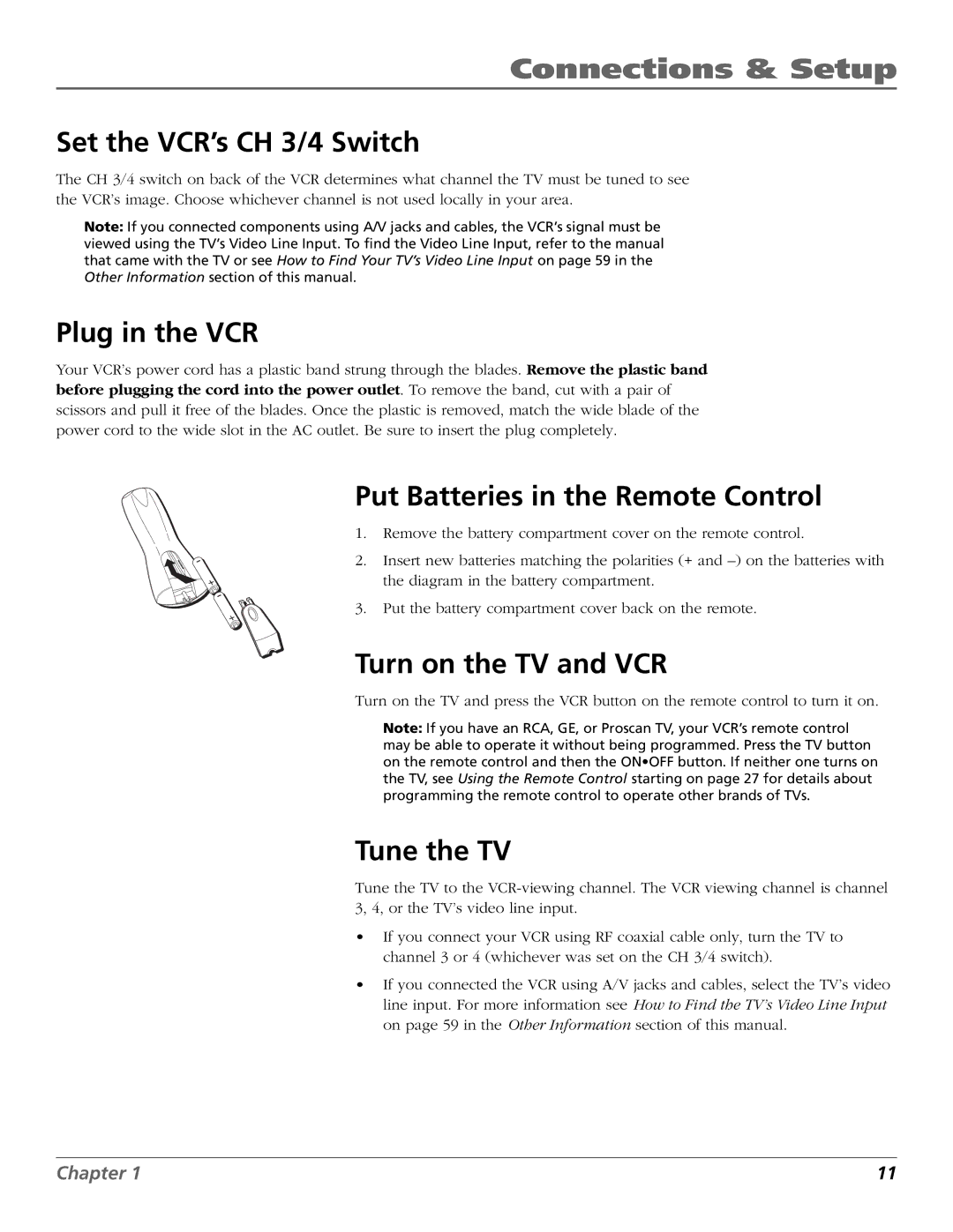 RCA VCR VR708HF Set the VCR’s CH 3/4 Switch, Plug in the VCR, Put Batteries in the Remote Control, Turn on the TV and VCR 