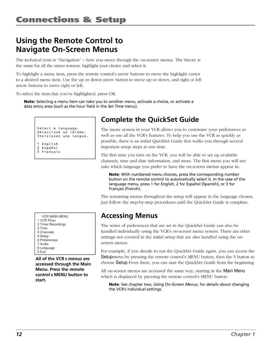 RCA VCR VR708HF manual Using the Remote Control to Navigate On-Screen Menus, Complete the QuickSet Guide, Accessing Menus 