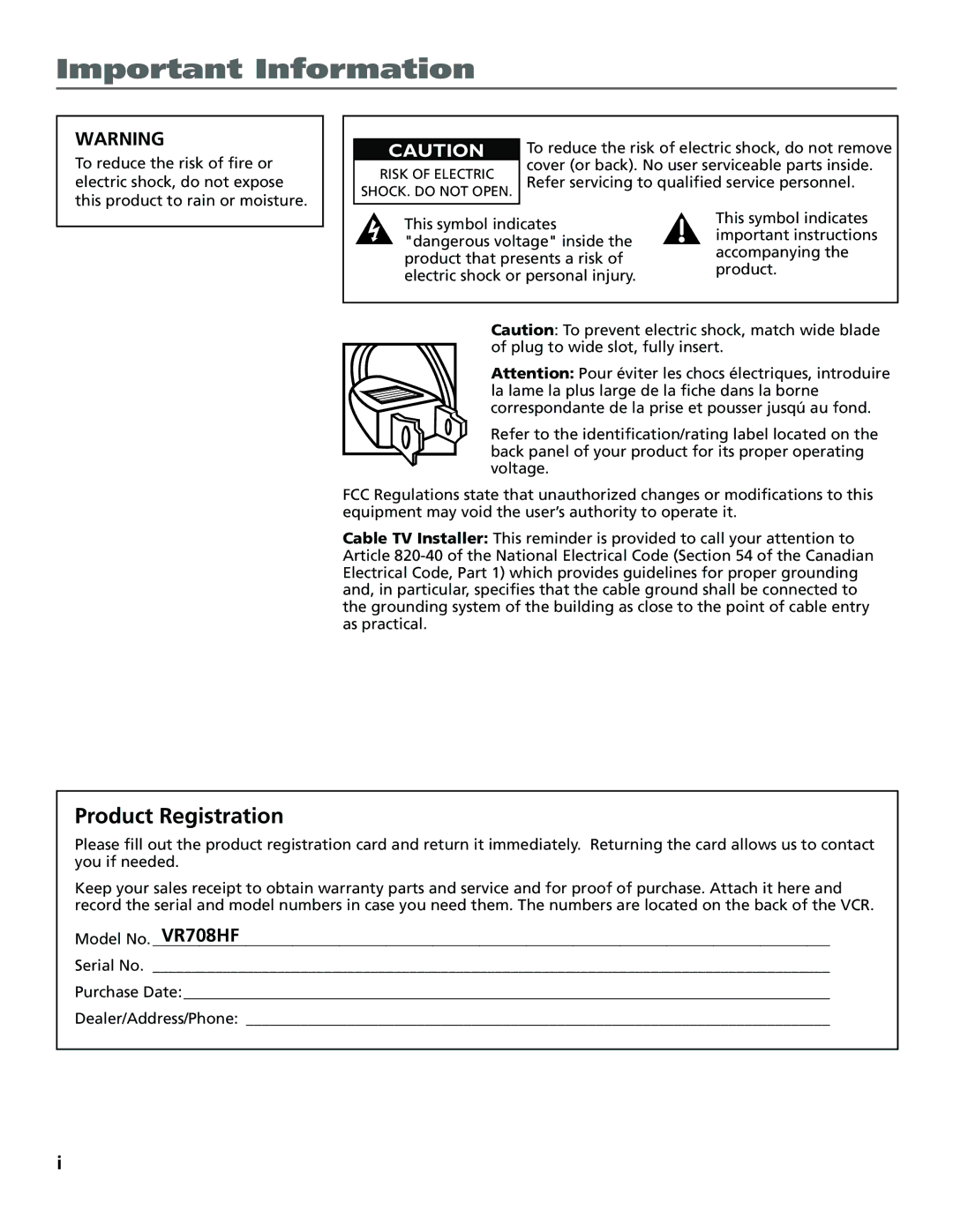 RCA VCR VR708HF manual Important Information, Product Registration 