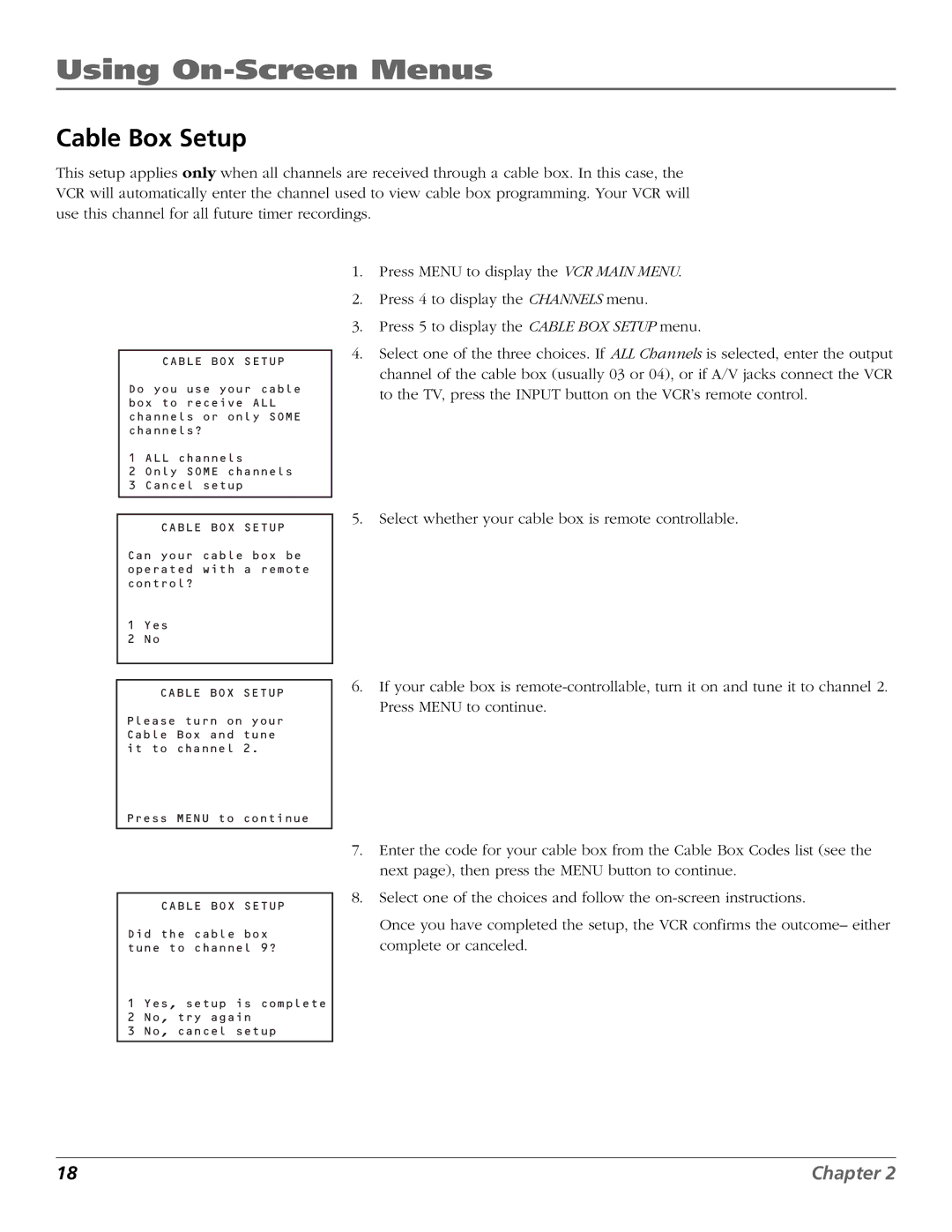 RCA VCR VR708HF manual Cable Box Setup, Cable BOX Setup 