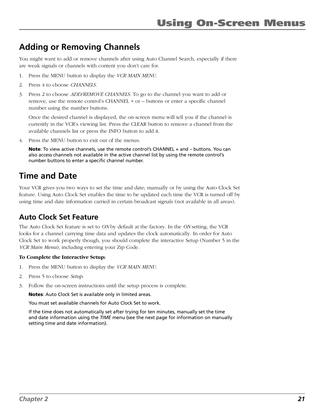 RCA VCR VR708HF Adding or Removing Channels, Time and Date, Auto Clock Set Feature, To Complete the Interactive Setup 