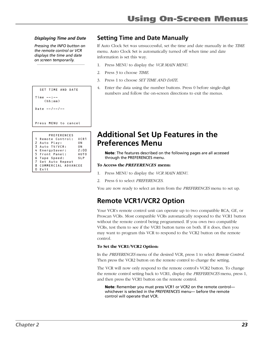 RCA VCR VR708HF Additional Set Up Features in the Preferences Menu, Remote VCR1/VCR2 Option, To Set the VCR1/VCR2 Option 