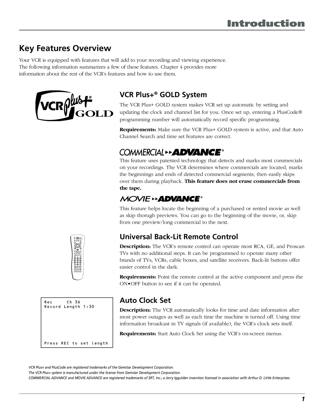 RCA VCR VR708HF manual Introduction, Key Features Overview, VCR Plus+ Gold System, Universal Back-Lit Remote Control 