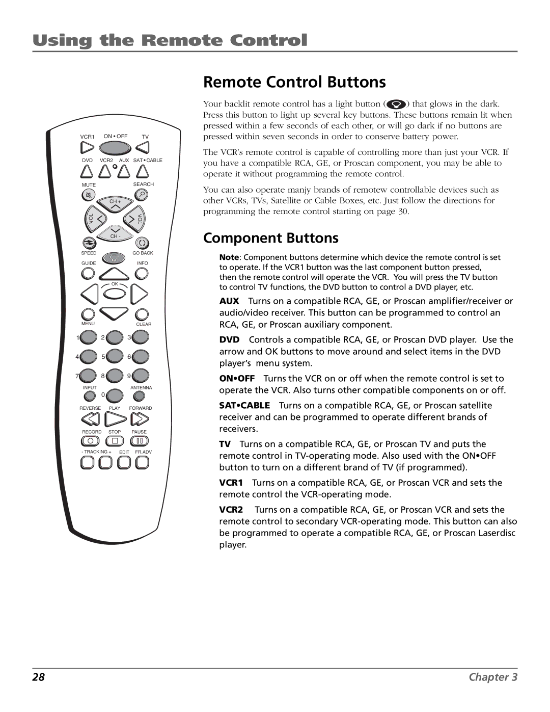 RCA VCR VR708HF manual Using the Remote Control, Remote Control Buttons, Component Buttons 