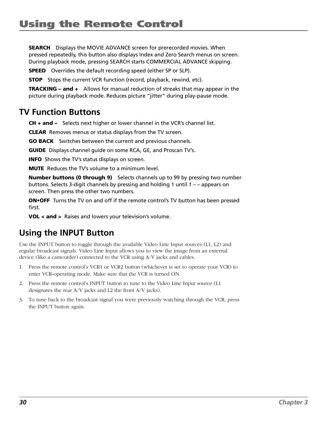 RCA VCR VR708HF manual TV Function Buttons, Using the Input Button 