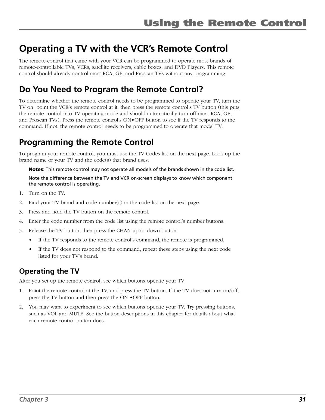 RCA VCR VR708HF Operating a TV with the VCR’s Remote Control, Do You Need to Program the Remote Control?, Operating the TV 