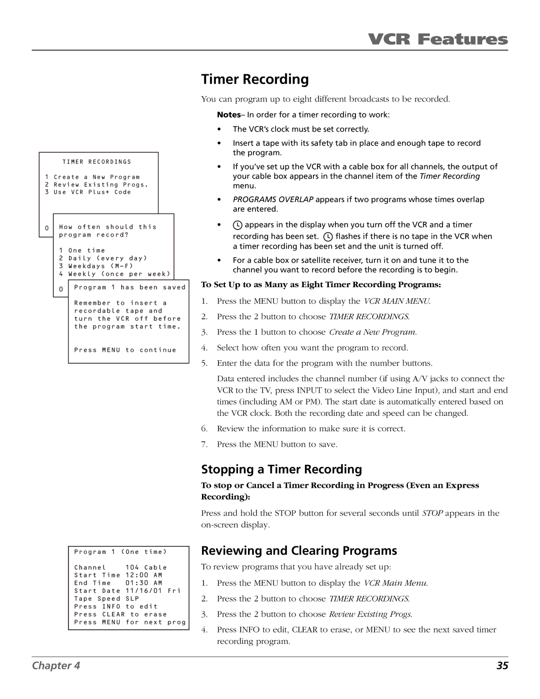 RCA VCR VR708HF manual Stopping a Timer Recording, Reviewing and Clearing Programs 