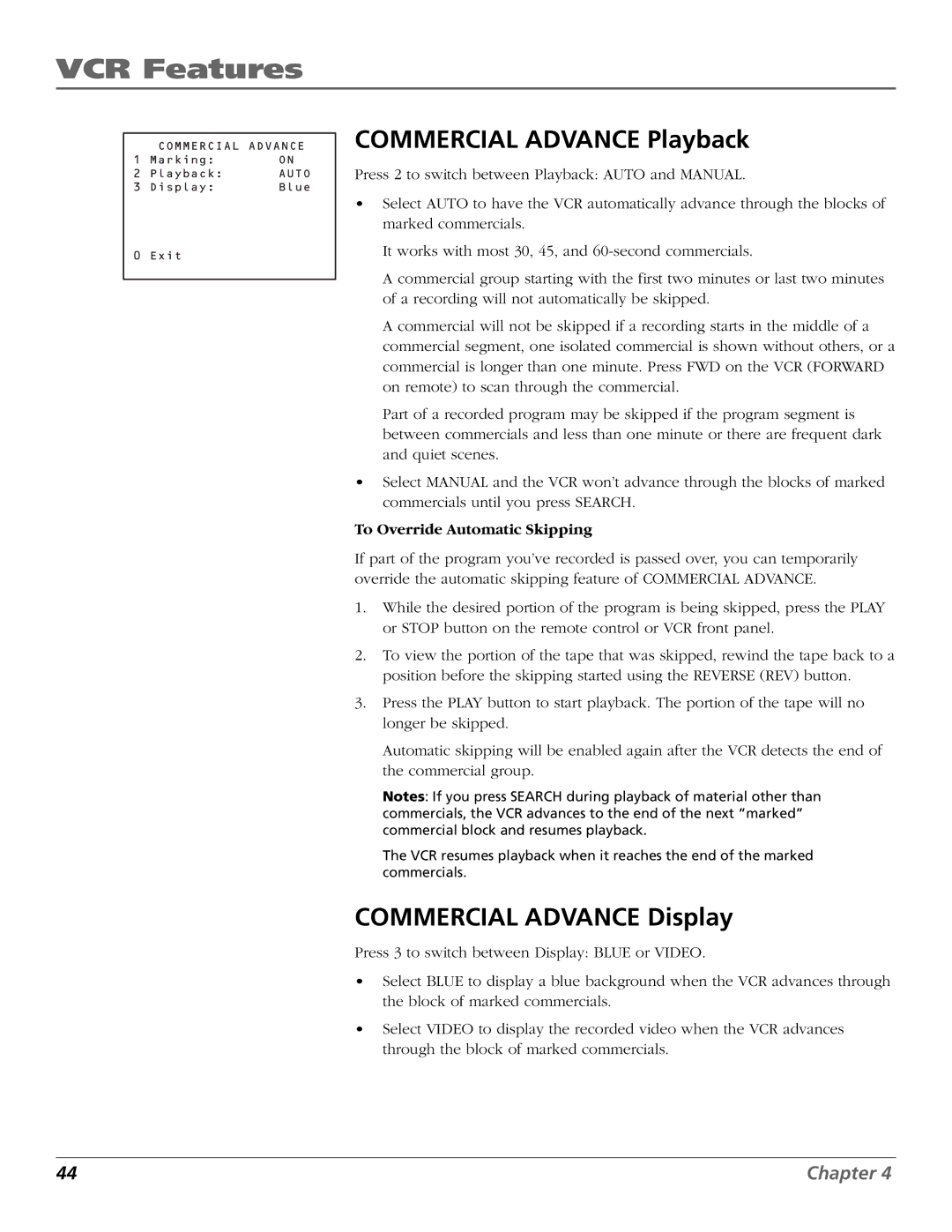 RCA VCR VR708HF manual Commercial Advance Playback, Commercial Advance Display, To Override Automatic Skipping 