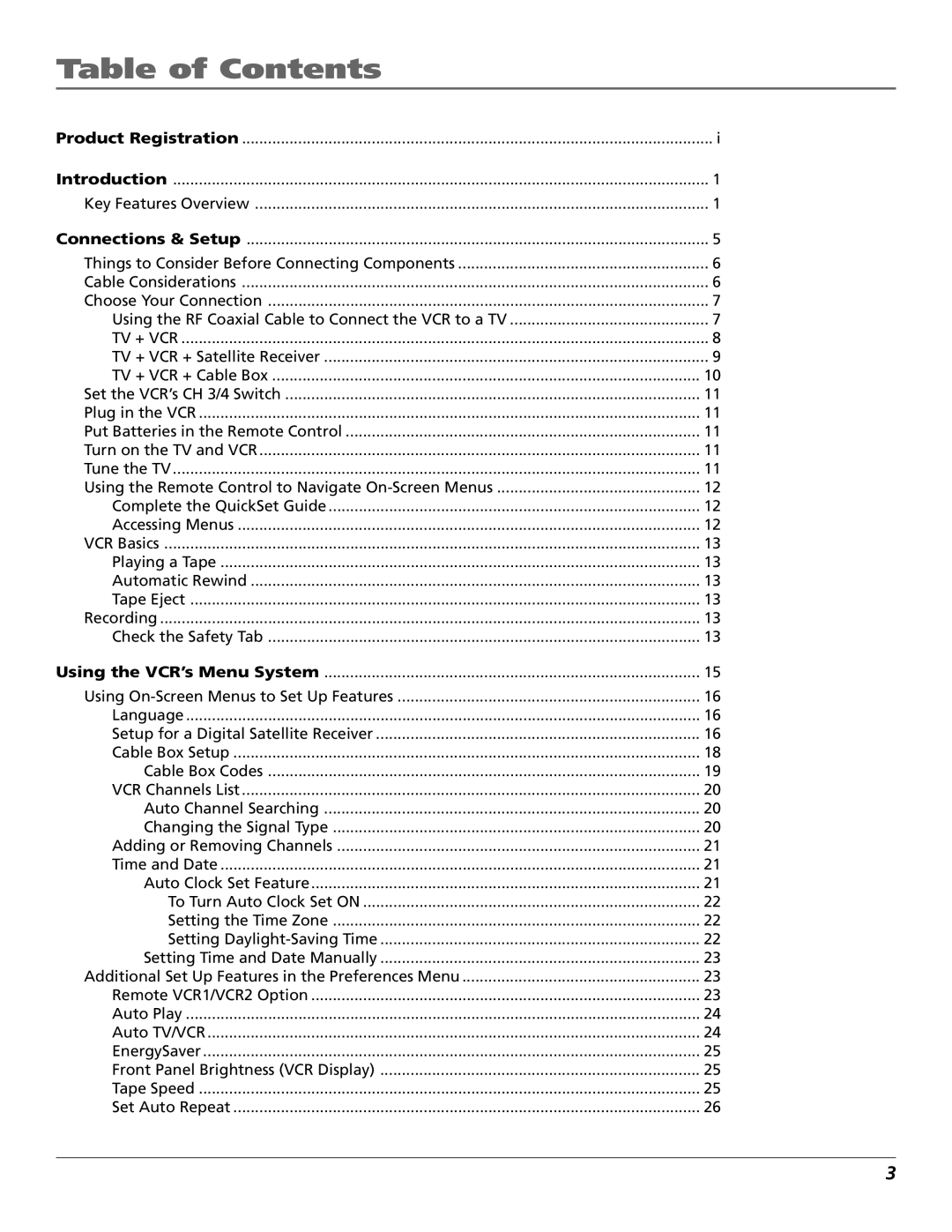 RCA VCR VR708HF manual Table of Contents 