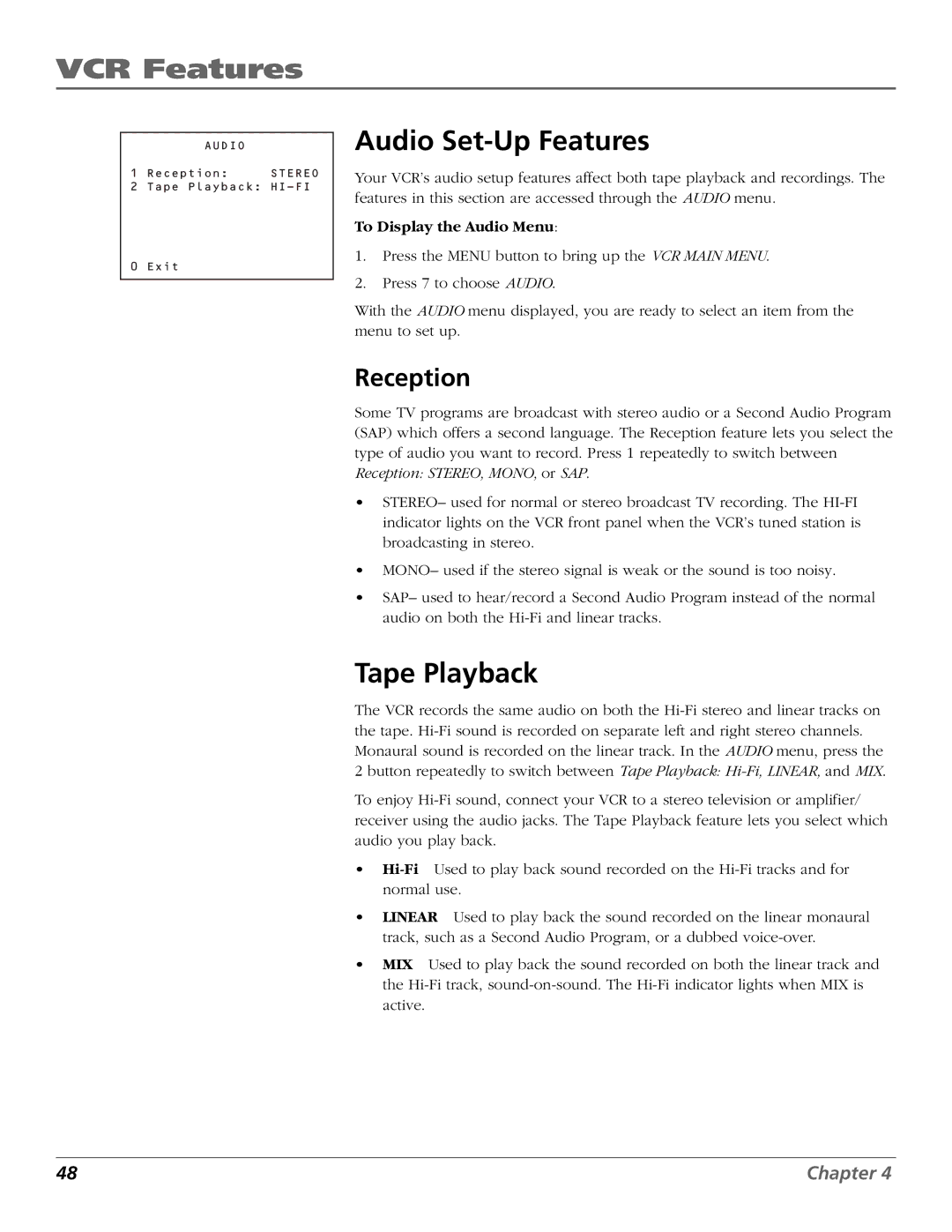 RCA VCR VR708HF manual Audio Set-Up Features, Tape Playback, Reception, To Display the Audio Menu 