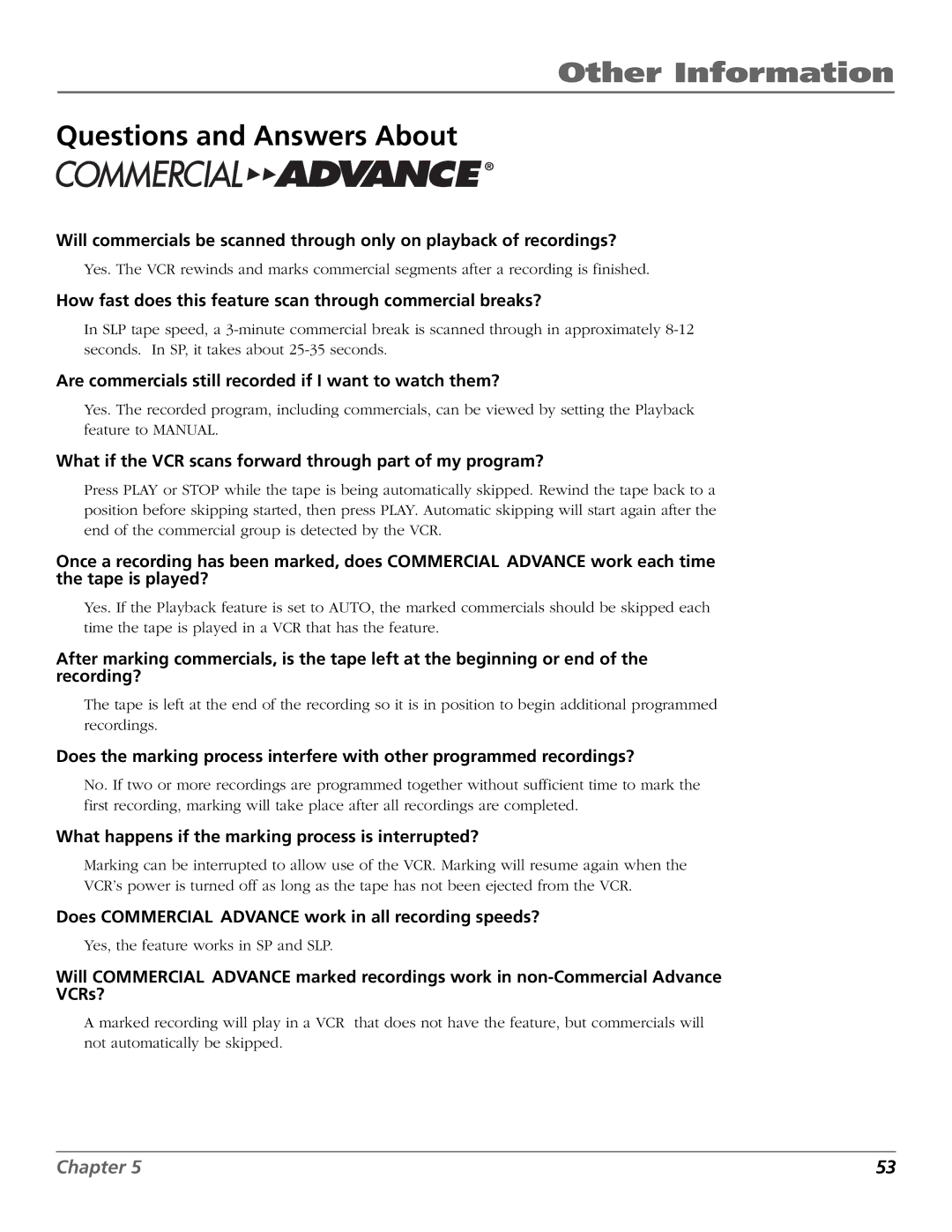 RCA VCR VR708HF manual Questions and Answers About, How fast does this feature scan through commercial breaks? 