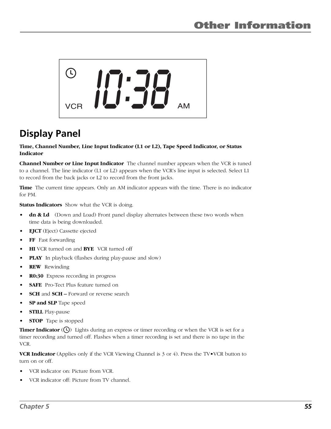 RCA VCR VR708HF manual Display Panel, SP and SLP Tape speed 