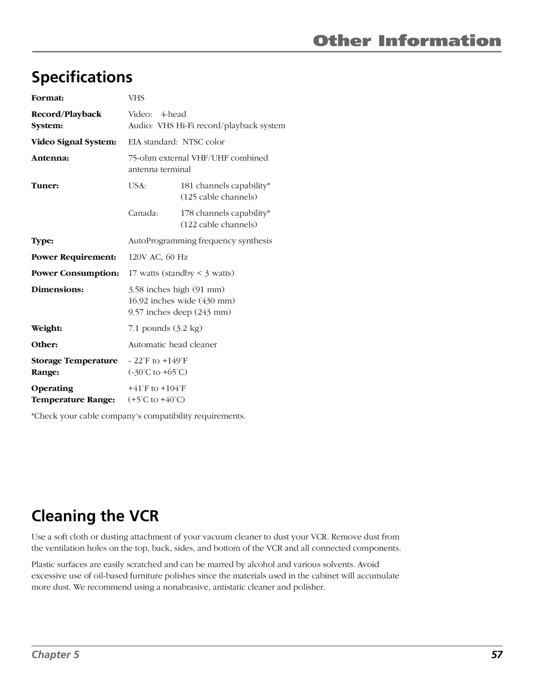 RCA VCR VR708HF manual Specifications, Cleaning the VCR 