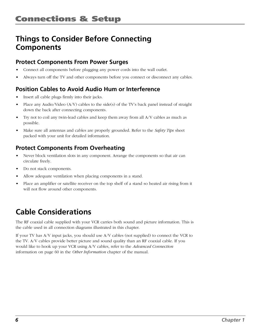 RCA VCR VR708HF manual Connections & Setup, Things to Consider Before Connecting Components, Cable Considerations 