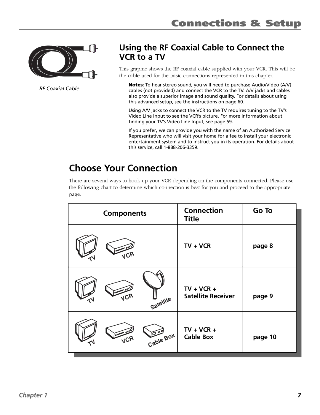 RCA VCR VR708HF Choose Your Connection, Using the RF Coaxial Cable to Connect VCR to a TV, Components Connection, Title 