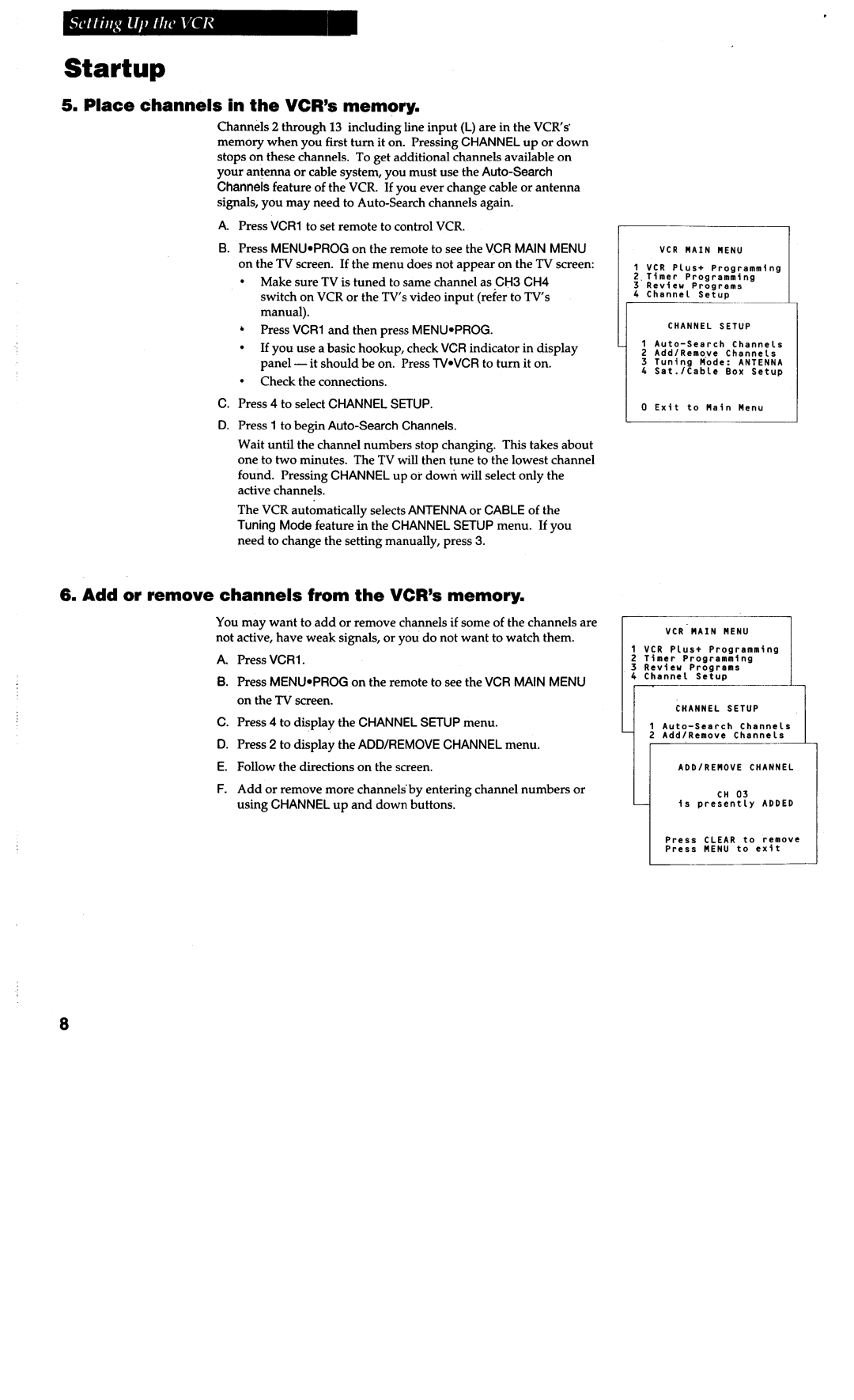 RCA VG4038/ VG4039 warranty Place dhannels in the VCR’s memory, Add or remove channels from the VCR% memory 