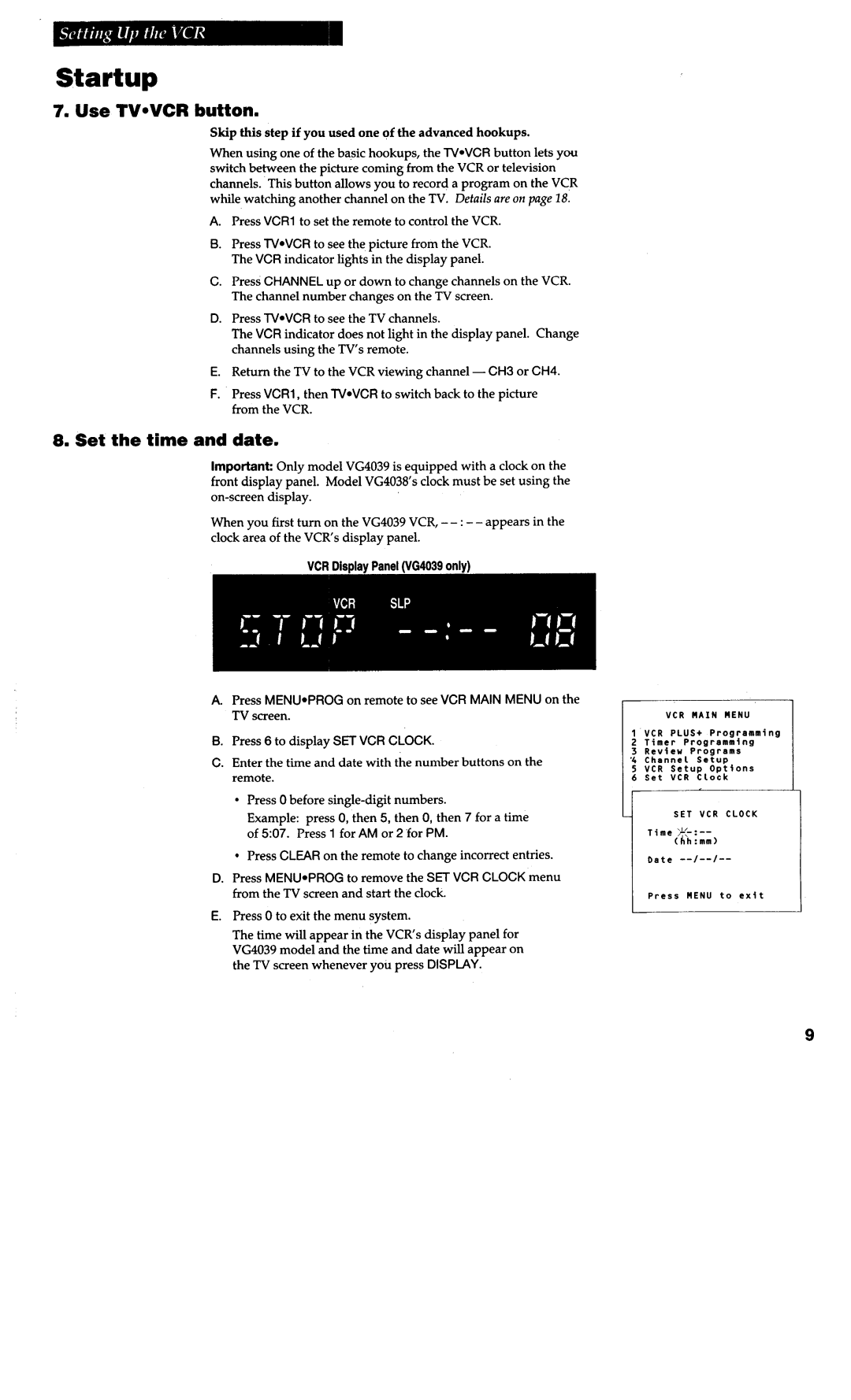 RCA VG4038/ VG4039 Use TVeVCR button, Set the time and date, Skip this step if you used one of the advanced hookups 