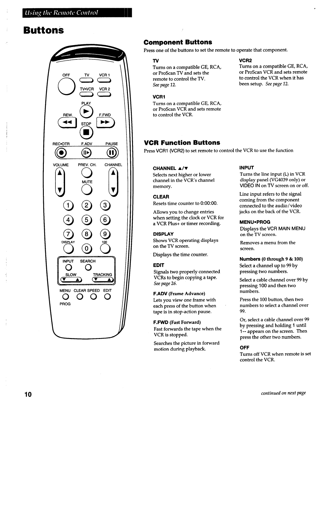 RCA VG4038/ VG4039 warranty Buttonis, Component Buttons, VCR Function Buttons 