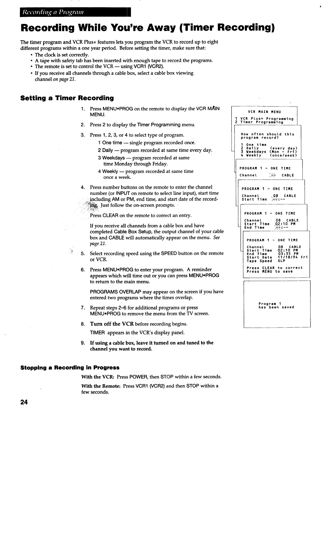 RCA VG4038/ VG4039 warranty Recording While You’re Away Timer Recording, Setting a Timer Recording 