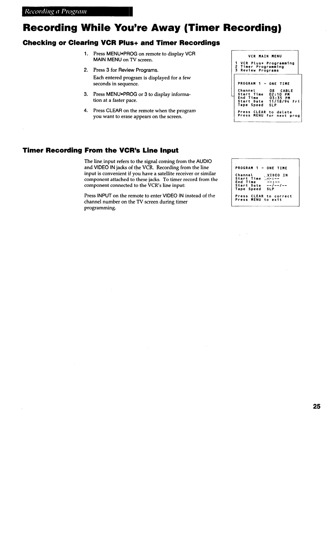 RCA VG4038/ VG4039 warranty Recording While You’re Away Timer, Checking or Clearing VCR Plus+ and Timer Recordings 