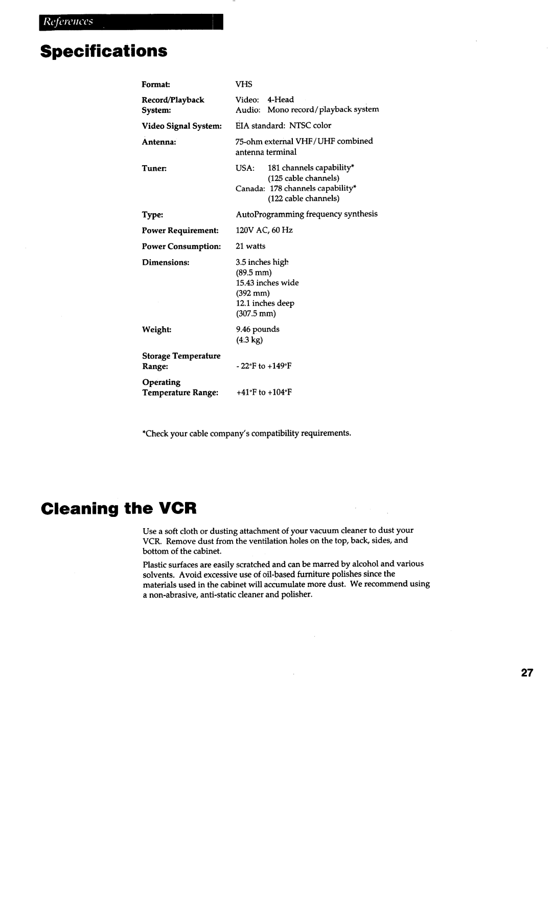 RCA VG4038/ VG4039 warranty Specifications, Cleaning the VCR 