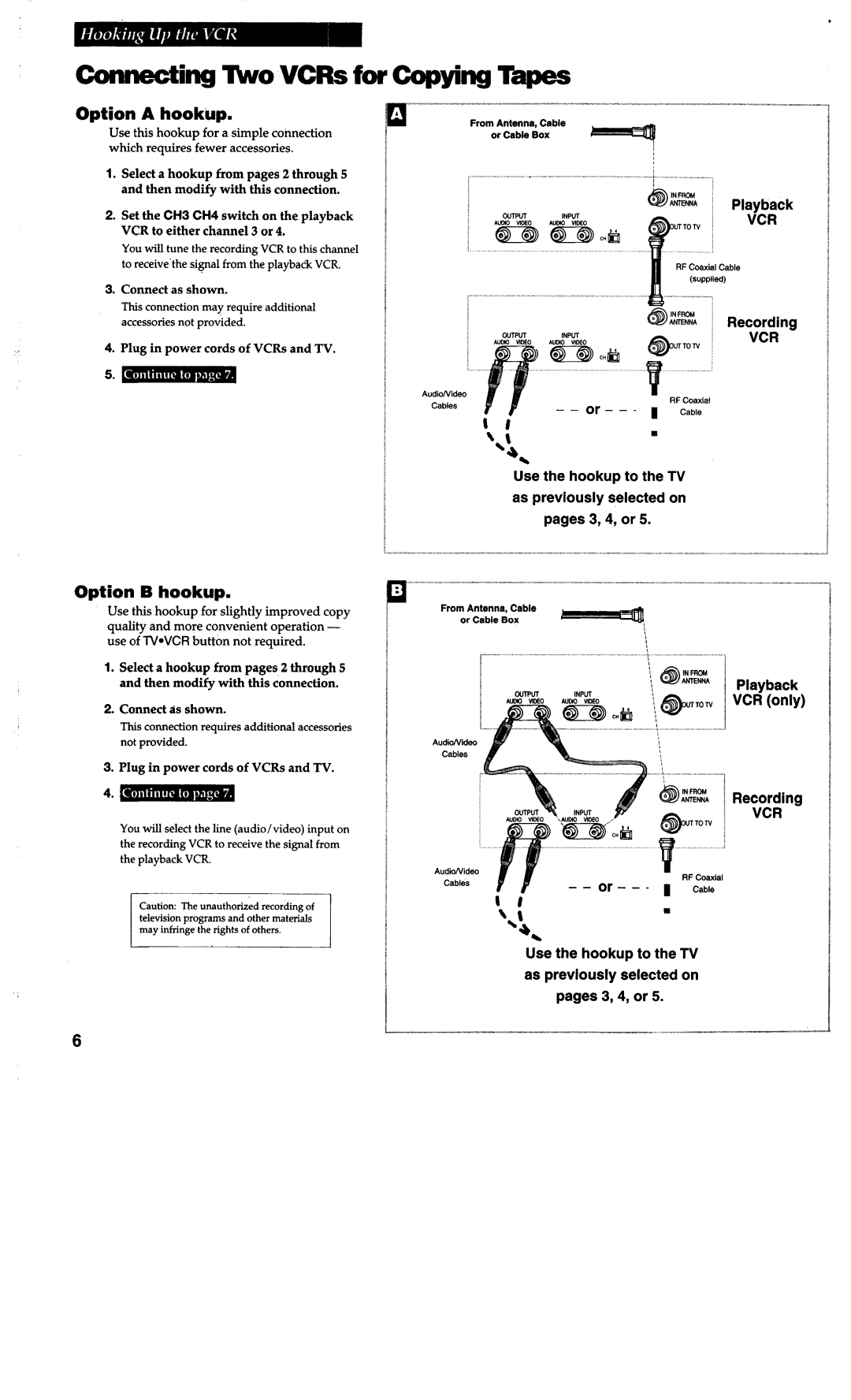 RCA VG4038/ VG4039 warranty Connecting Tbo VCRs for Copying Tapes, Option a hookup, Option B hookup 