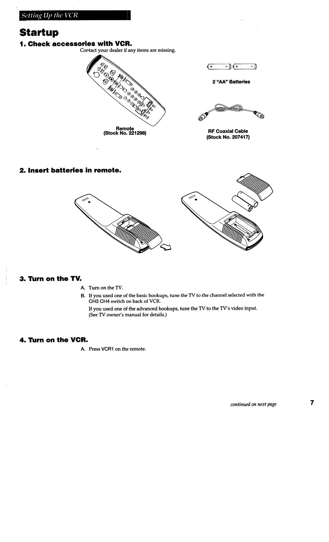 RCA VG4038/ VG4039 Startup, Check accessories with VCR, Insert batteries in remote Tlurn on the TV, IUrn on the VCR 