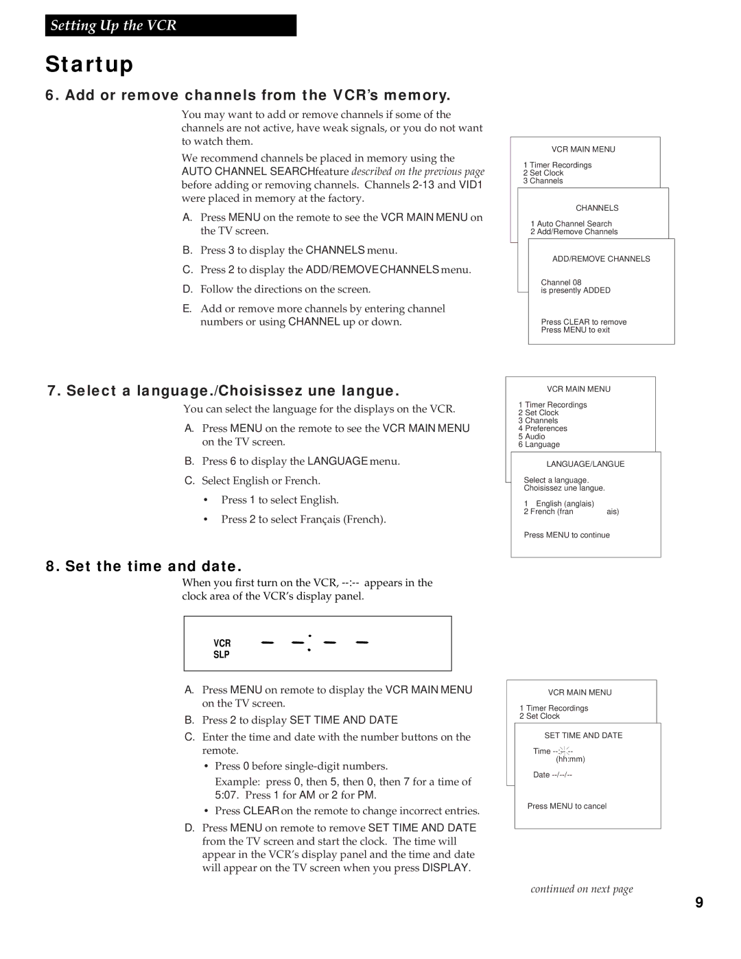 RCA VG4251 Add or remove channels from the VCR’s memory, Select a language./Choisissez une langue, Set the time and date 