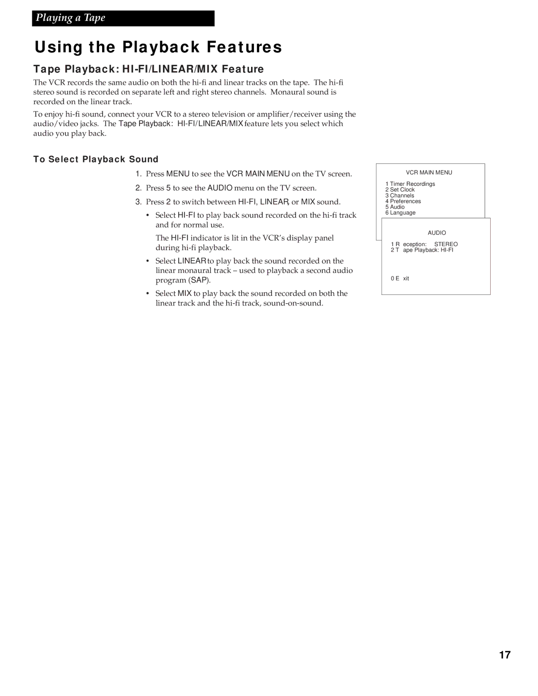 RCA VG4251 manual Tape Playback HI-FI/LINEAR/MIX Feature, To Select Playback Sound 