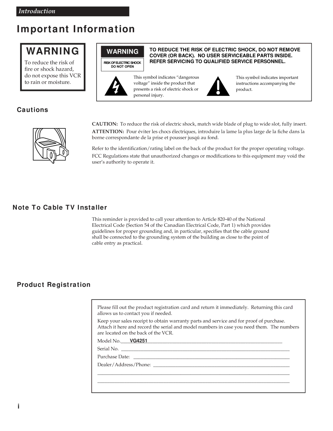 RCA VG4251 manual Important Information, Product Registration 