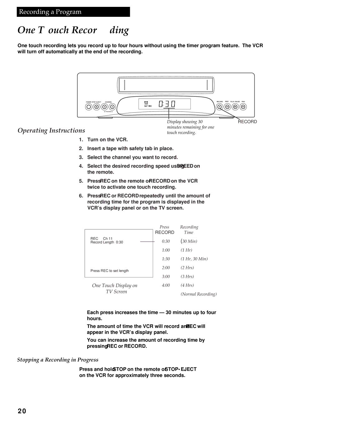 RCA VG4251 manual One Touch Recording, Operating Instructions, One Touch Display on TV Screen 