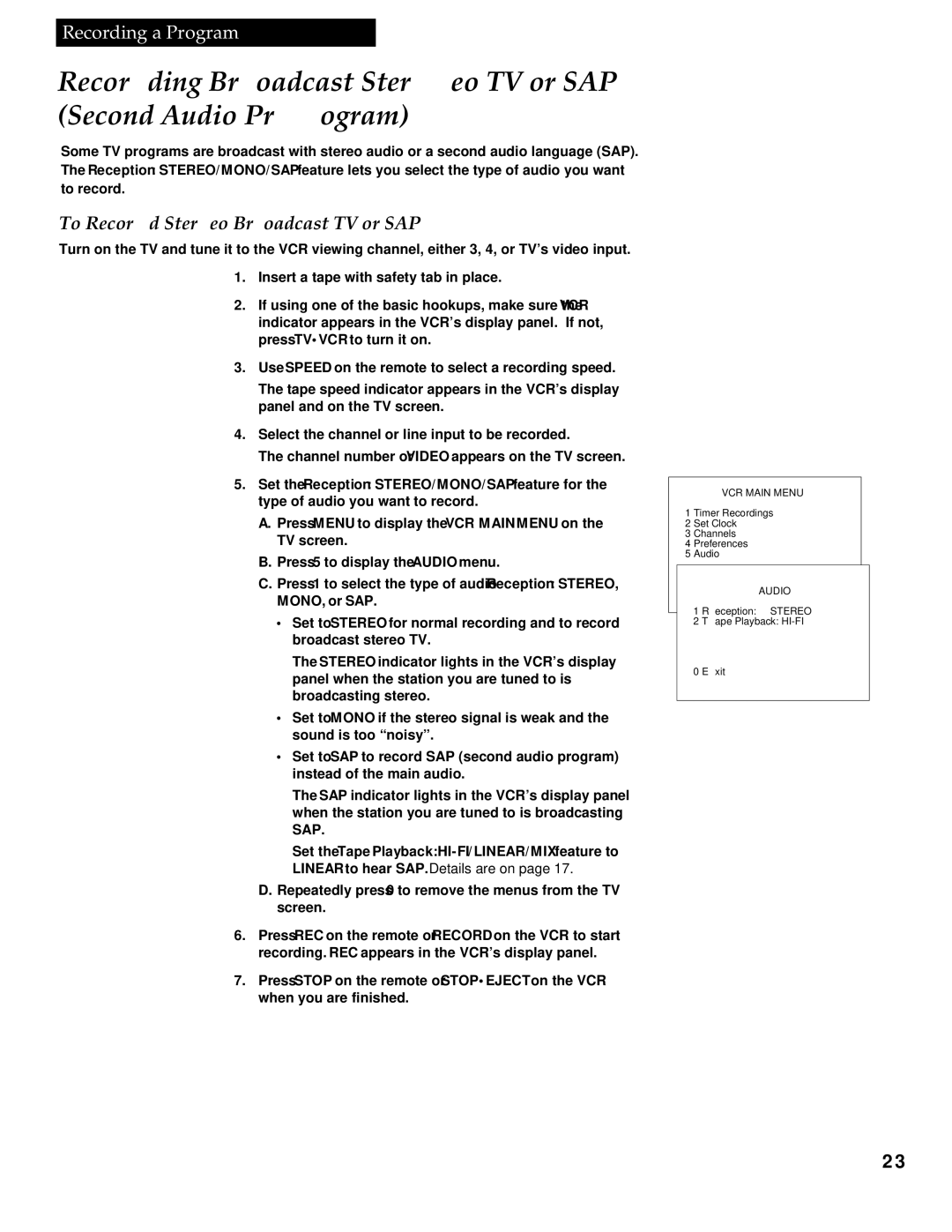 RCA VG4251 manual Recording Broadcast Stereo TV or SAP Second Audio Program, To Record Stereo Broadcast TV or SAP 