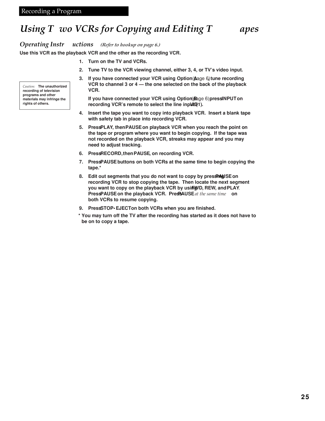 RCA VG4251 manual Using Two VCRs for Copying and Editing Tapes, Operating Instructions Refer to hookup on 